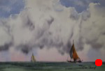 seascape, boat, sailboat, sea, ocean, race, sky, clouds, oberst, watercolor, painting
